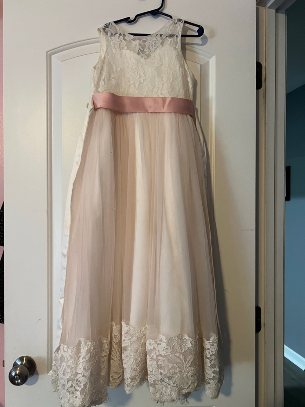 Girls' Ivory Lace & Blush Pink Sash Dress